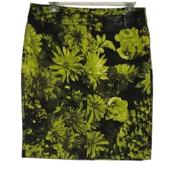 Y2K Michael Kors Black Floral Pencil Skirt Size 8 Lime Green Bold Print Workwear - Picture 1 of 6